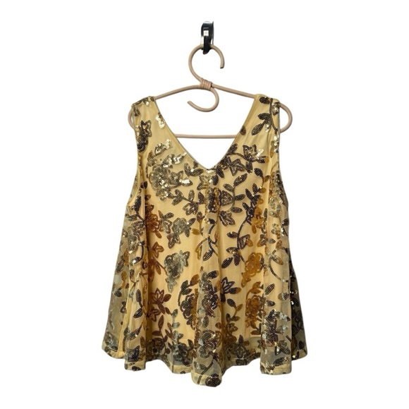Marc New York Andrew Marc Sleeveless Gold Floral Sequin Overlay Top Blouse Large - Picture 3 of 11